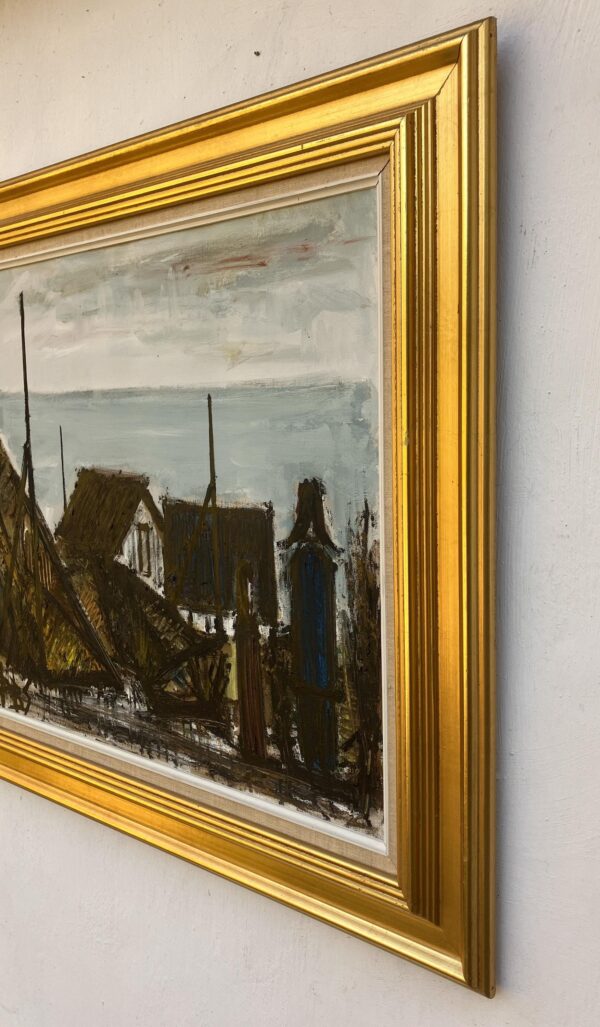Large Danish Coastal Village Painting: 1970s Naïve Expressionist Art, Framed Original Artwork