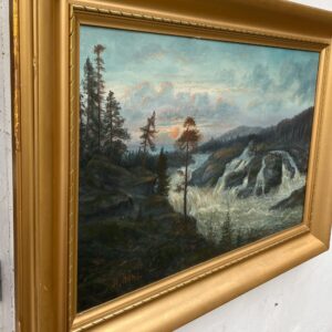 Large Vintage Swedish Landscape Oil Painting: Nordic Waterfall, Golden Frame - Image 6