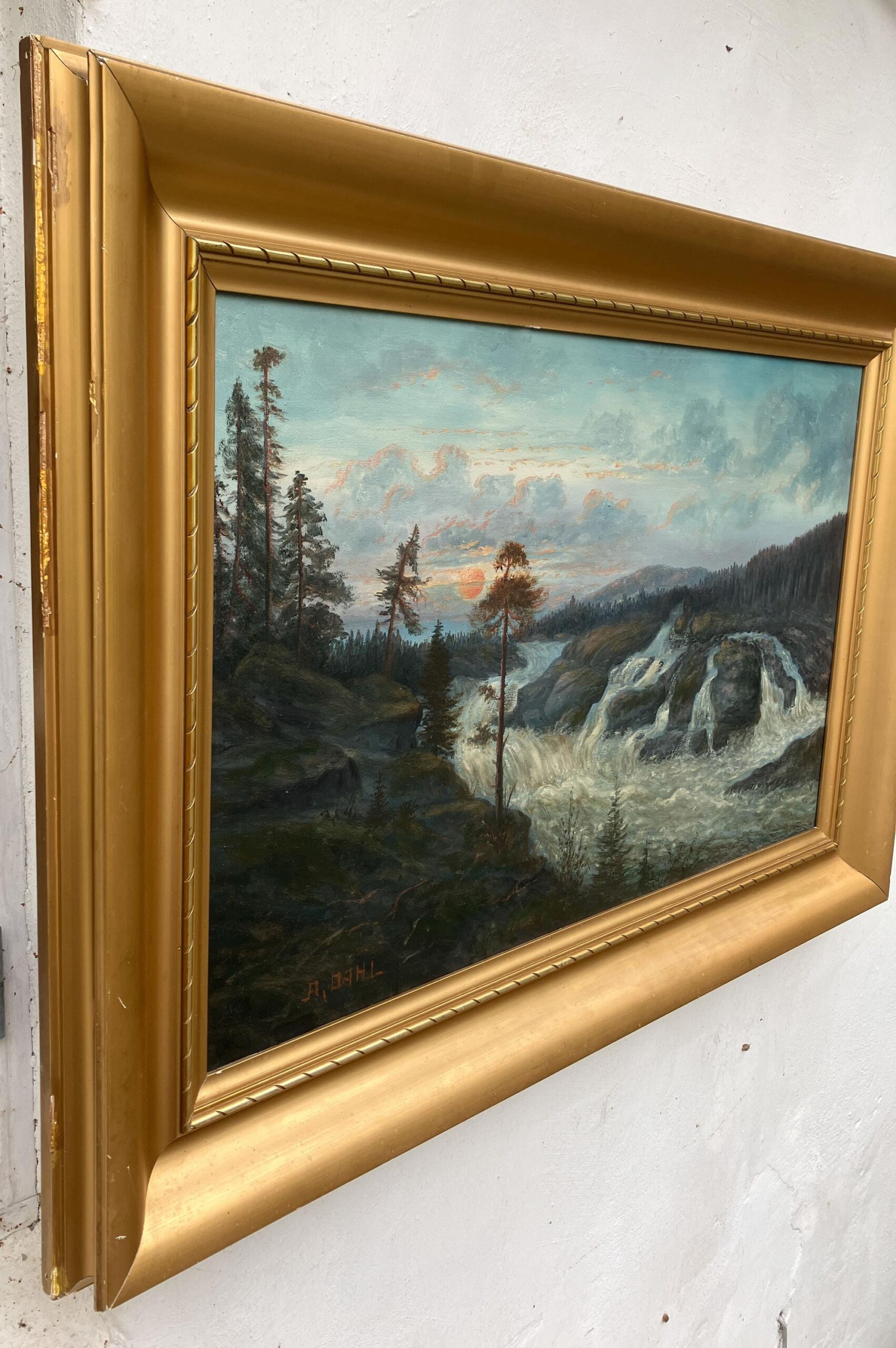 Large Vintage Swedish Landscape Oil Painting: Nordic Waterfall, Golden Frame - Image 6