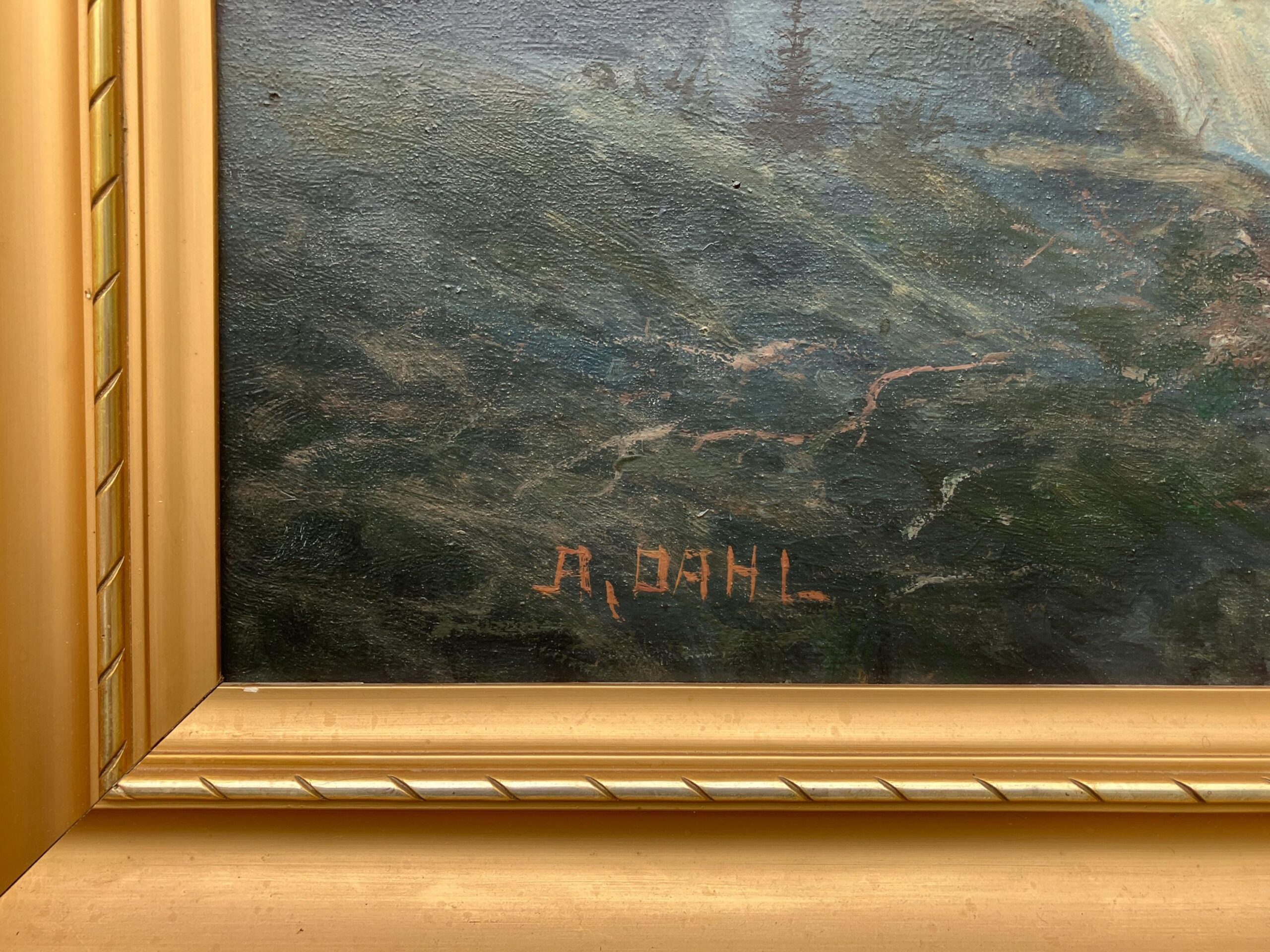 Large Vintage Swedish Landscape Oil Painting: Nordic Waterfall, Golden Frame - Image 7
