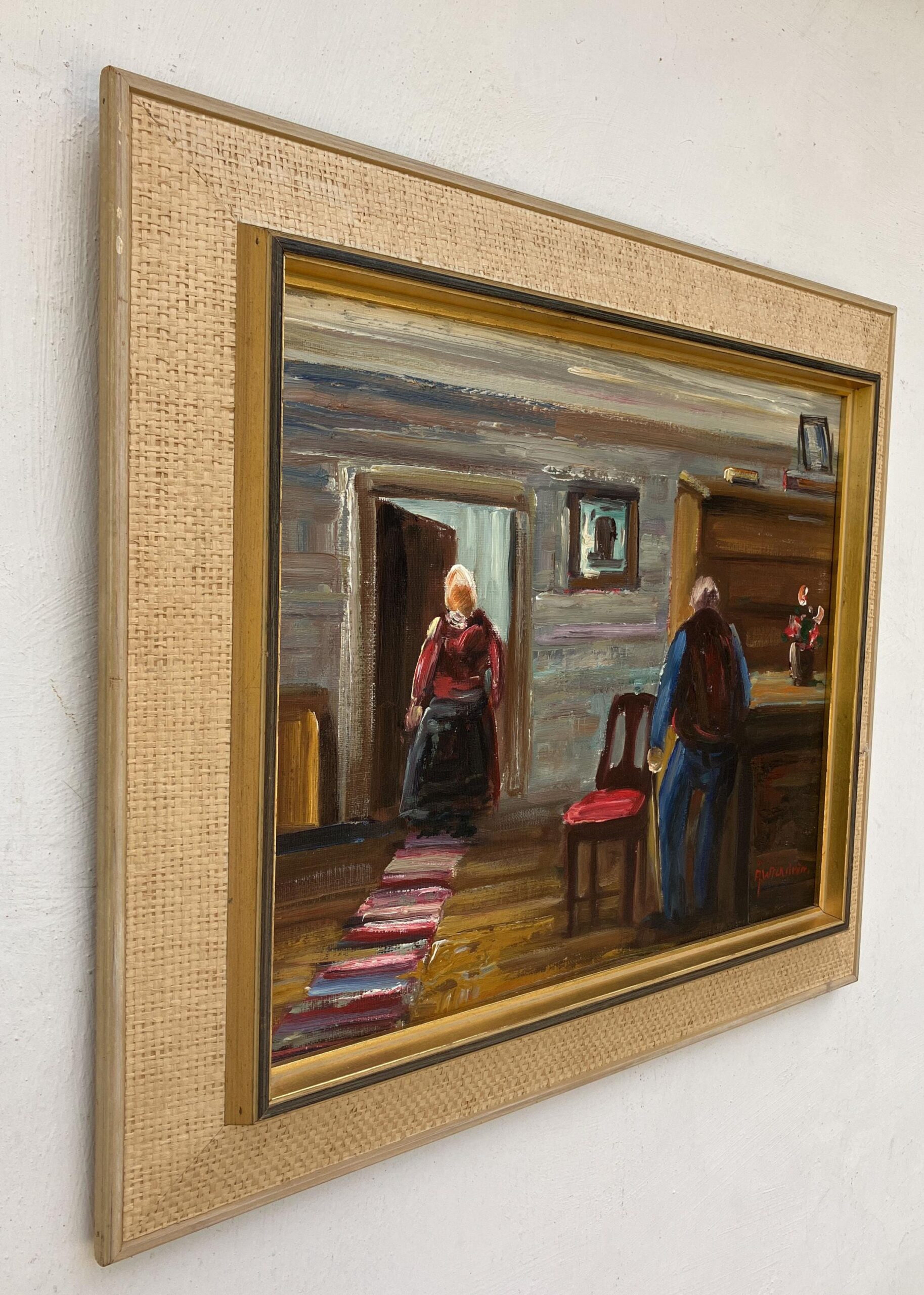 Expressionist Oil Painting – Scandinavian Folk Scene, Framed Vintage Art, - Image 5