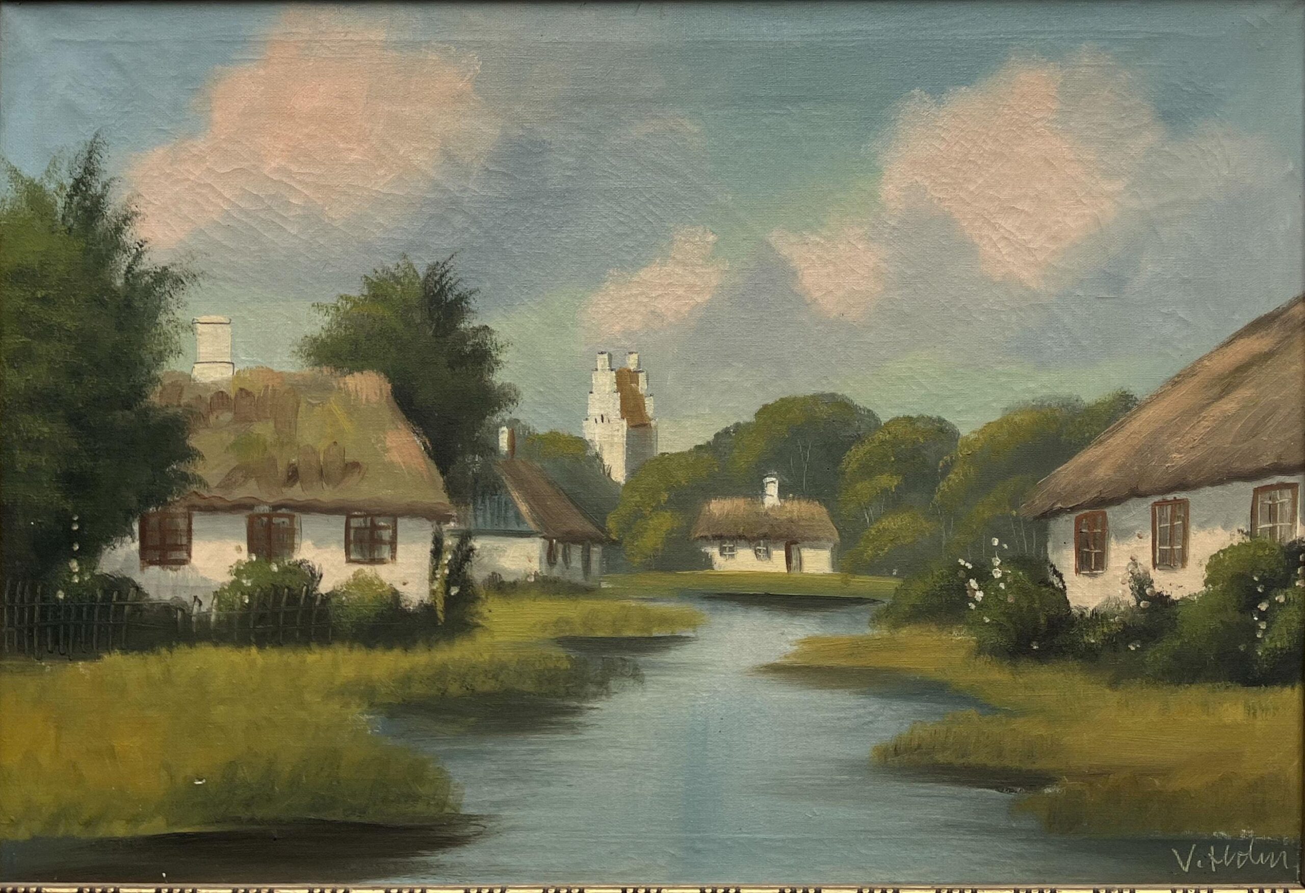 Original Danish Realist Oil Painting – Rural Cottages by River, Framed  Fine Art - Image 8