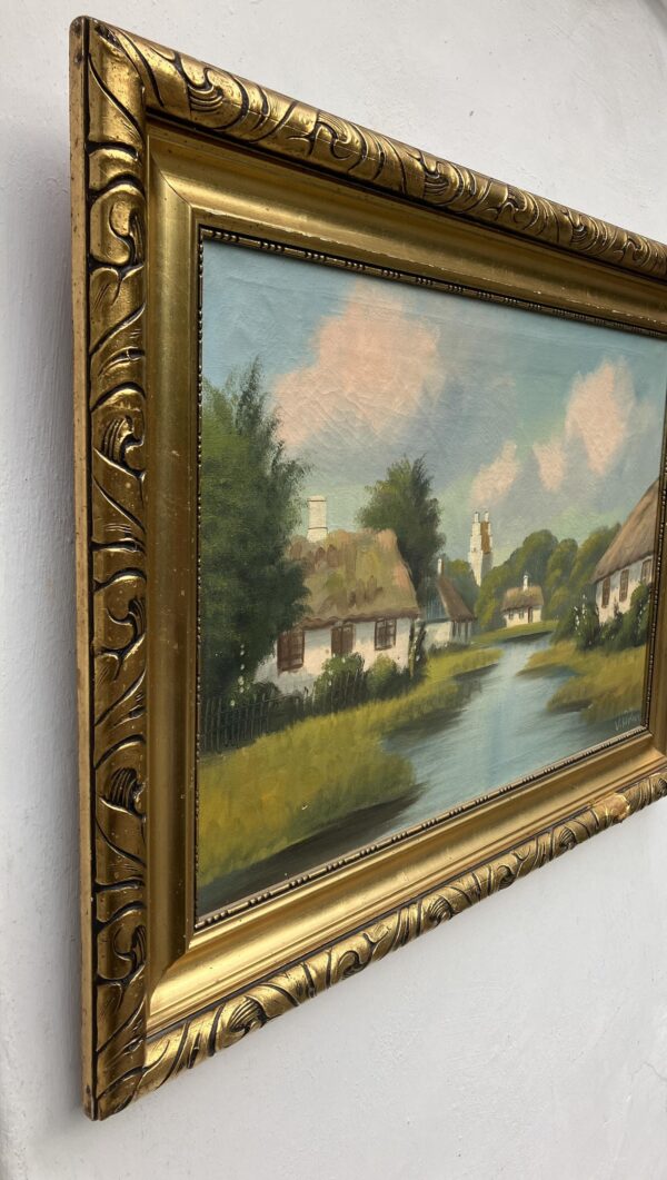 Original Danish Realist Oil Painting – Rural Cottages by River, Framed  Fine Art