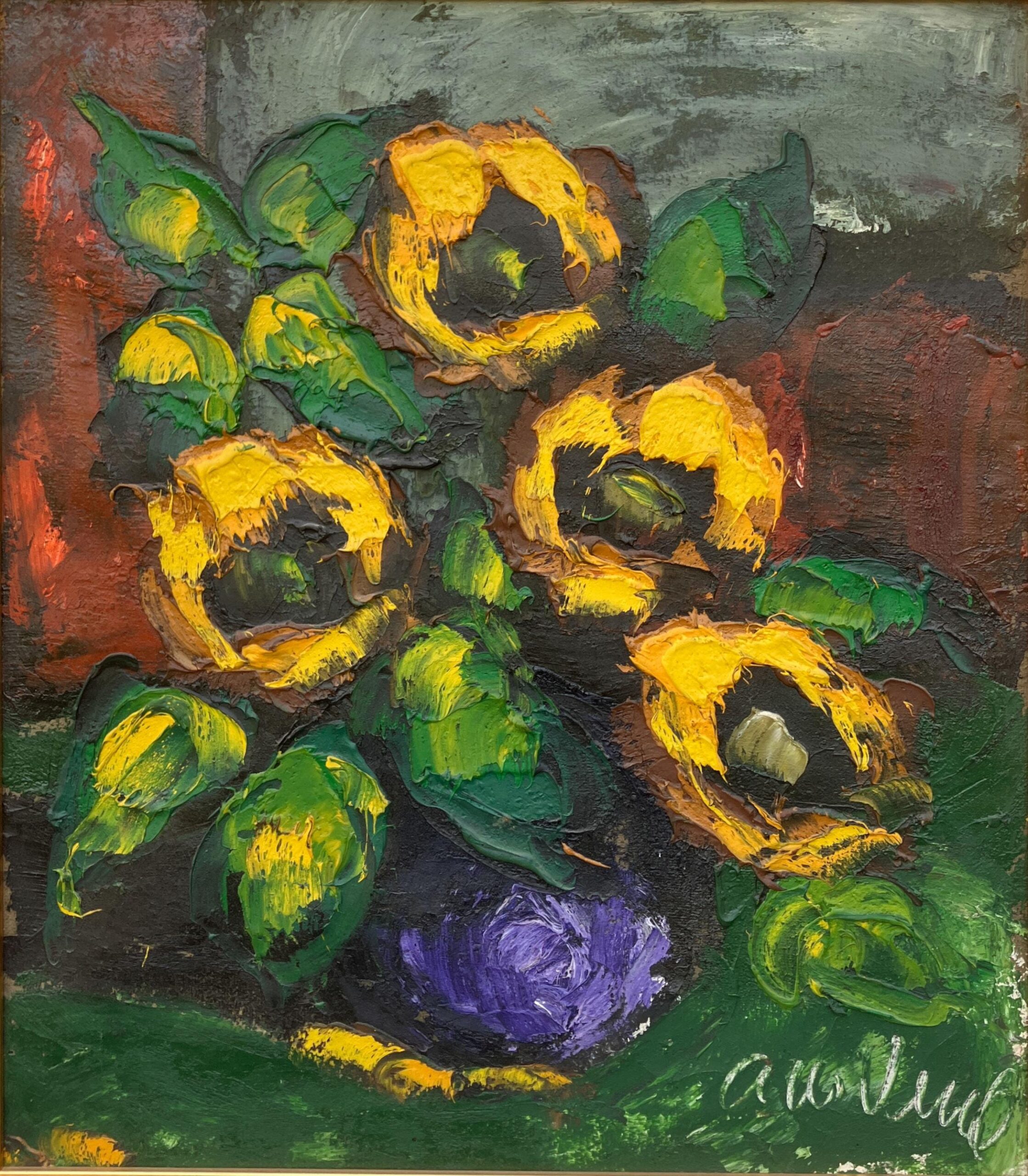 Danish Original Oil Painting : Large Floral Still Life with Sunflowers - Signed by the Artist - 1960s - Image 8