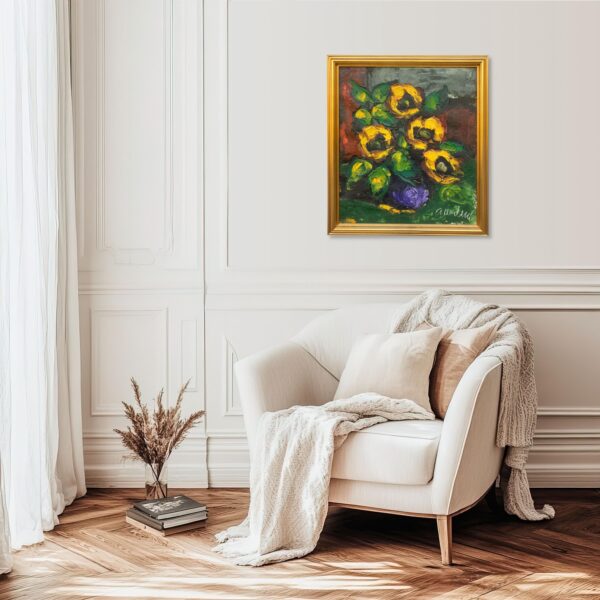Danish Original Oil Painting : Large Floral Still Life with Sunflowers - Signed by the Artist - 1960s