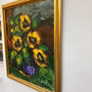 Danish Original Oil Painting : Large Floral Still Life with Sunflowers - Signed by the Artist - 1960s - Image 4