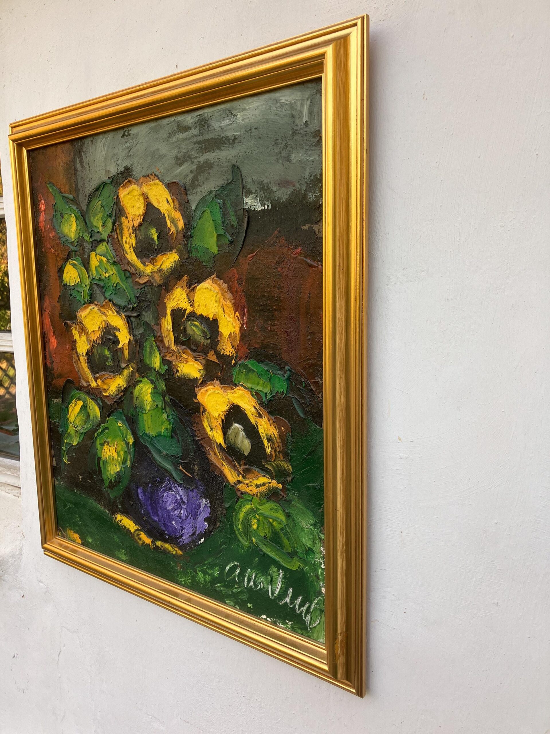 Danish Original Oil Painting : Large Floral Still Life with Sunflowers - Signed by the Artist - 1960s - Image 4