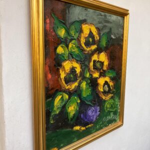 Danish Original Oil Painting : Large Floral Still Life with Sunflowers - Signed by the Artist - 1960s - Image 3