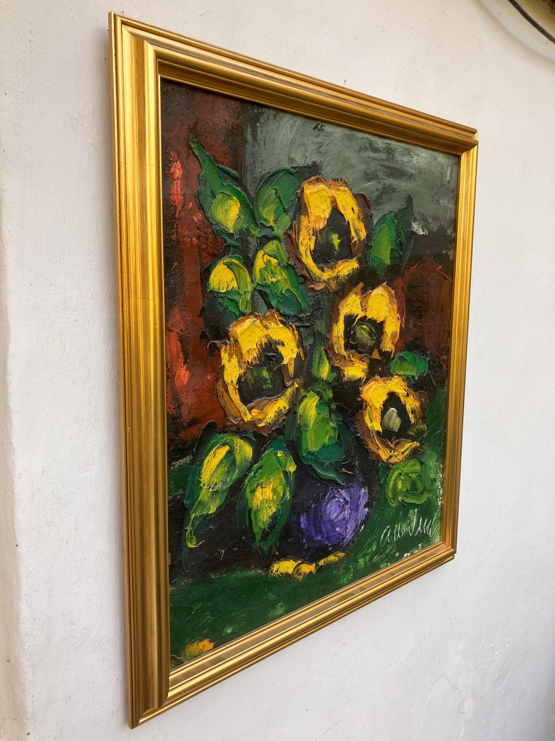 Danish Original Oil Painting : Large Floral Still Life with Sunflowers - Signed by the Artist - 1960s - Image 3