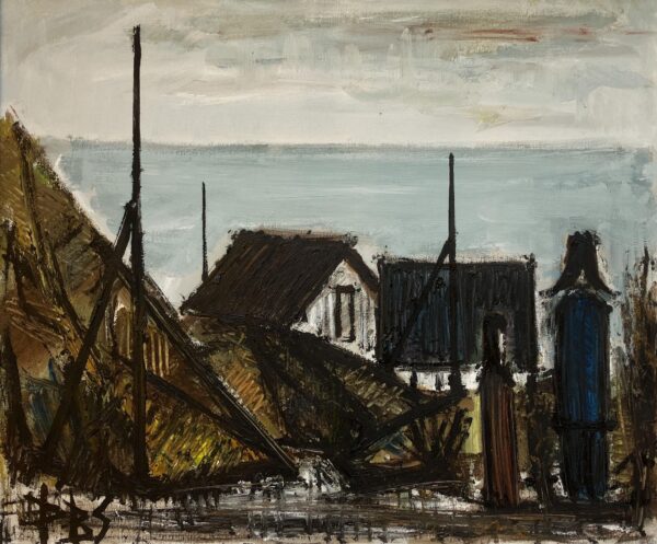 Large Danish Coastal Village Painting: 1970s Naïve Expressionist Art, Framed Original Artwork