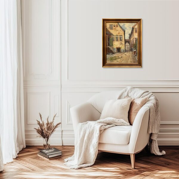 Danish Impressionist Oil Painting : Vintage Small Town Scene, Framed Original Fine Art