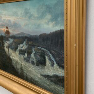 Large Vintage Swedish Landscape Oil Painting: Nordic Waterfall, Golden Frame - Image 5