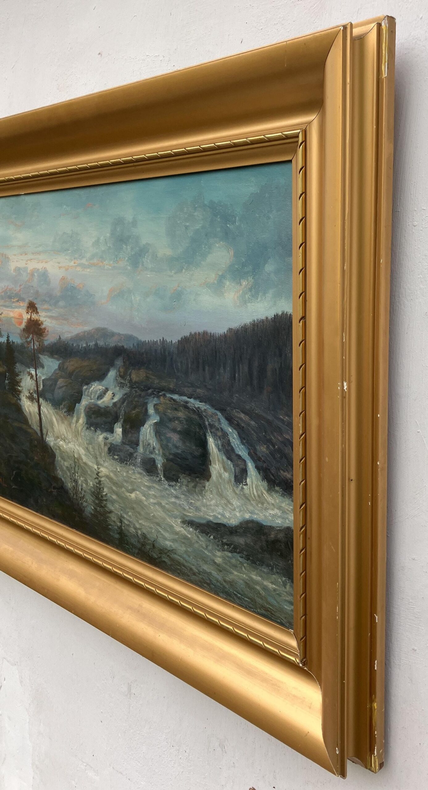 Large Vintage Swedish Landscape Oil Painting: Nordic Waterfall, Golden Frame - Image 5