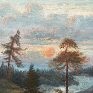 Large Vintage Swedish Landscape Oil Painting: Nordic Waterfall, Golden Frame - Image 4
