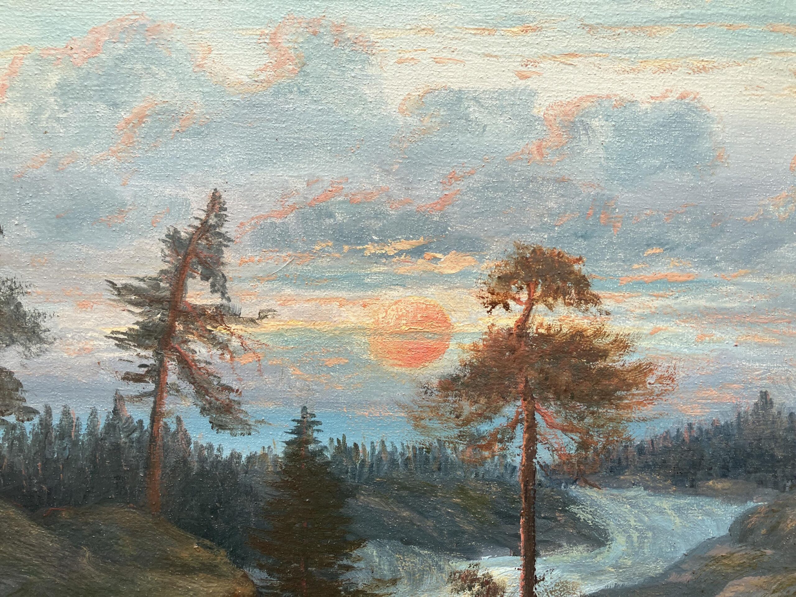 Large Vintage Swedish Landscape Oil Painting: Nordic Waterfall, Golden Frame - Image 4