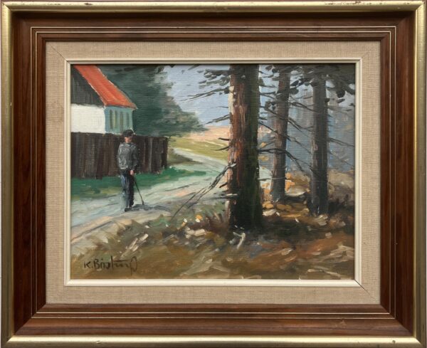 Vintage Impressionist Oil Painting – Danish Countryside Scene with walking figure, Framed Original Fine Art