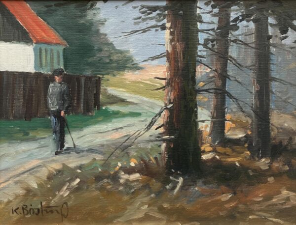 Vintage Impressionist Oil Painting – Danish Countryside Scene with walking figure, Framed Original Fine Art