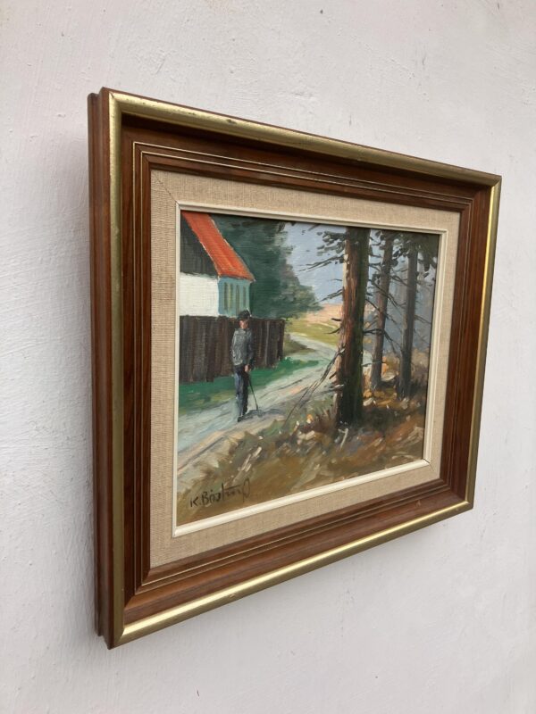 Vintage Impressionist Oil Painting – Danish Countryside Scene with walking figure, Framed Original Fine Art