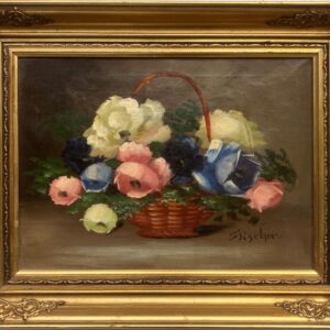 Vintage Danish Floral Oil Painting, Basket of Flowers, 1920s Still Life - Image 9