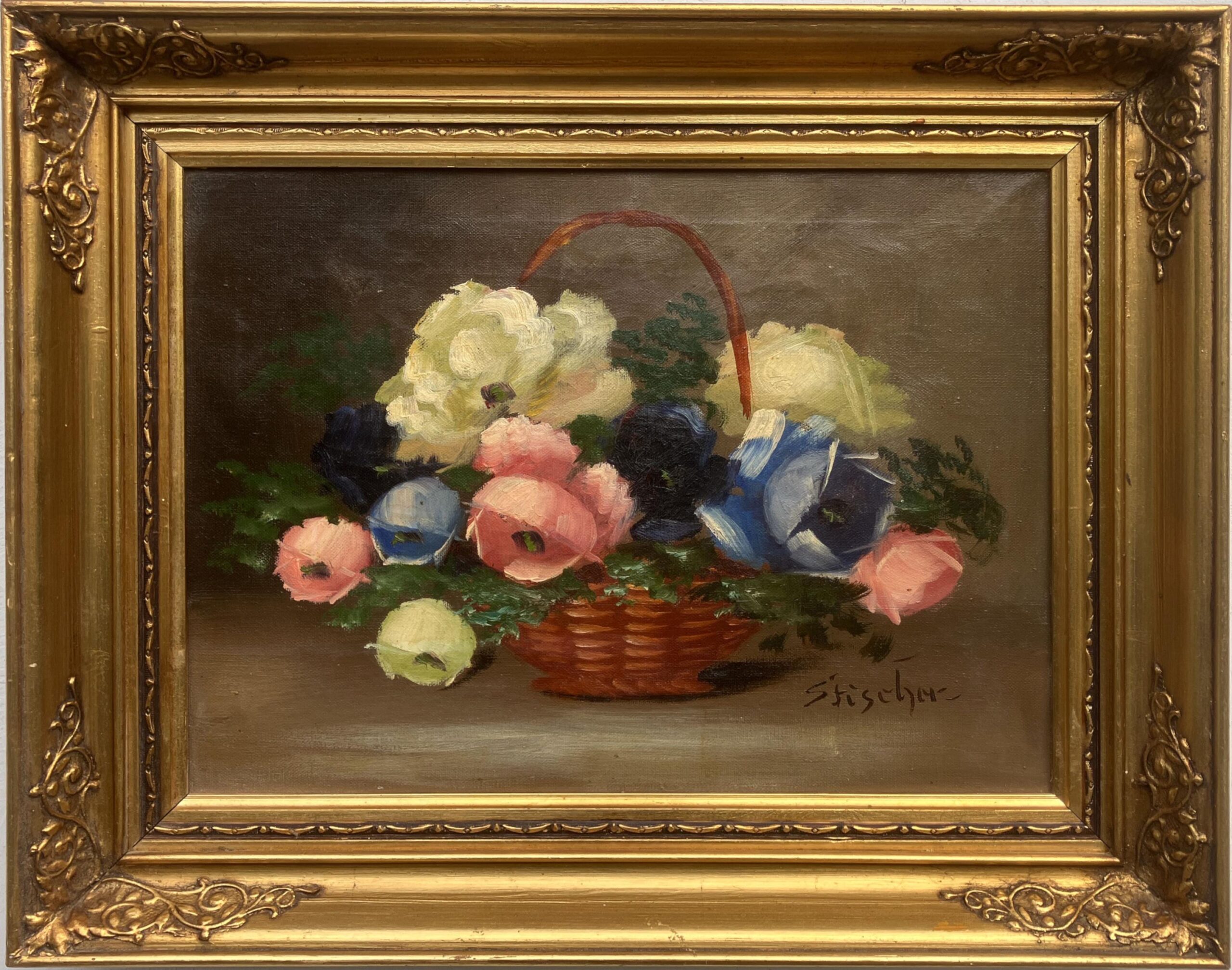 Vintage Danish Floral Oil Painting, Basket of Flowers, 1920s Still Life - Image 9