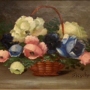 Vintage Danish Floral Oil Painting, Basket of Flowers, 1920s Still Life - Image 3