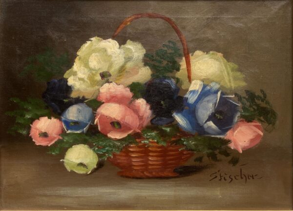 Vintage Danish Floral Oil Painting, Basket of Flowers, 1920s Still Life