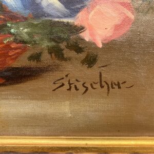 Vintage Danish Floral Oil Painting, Basket of Flowers, 1920s Still Life - Image 4