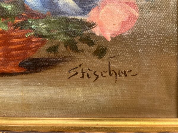 Vintage Danish Floral Oil Painting, Basket of Flowers, 1920s Still Life
