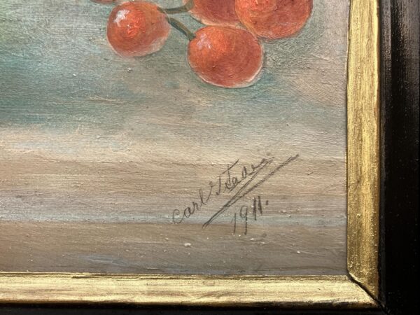 Roses and Cherries Still Life Painting, Antique Danish Oil Painting, Cottage Decor