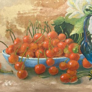 Roses and Cherries Still Life Painting, Antique Danish Oil Painting, Cottage Decor - Image 10