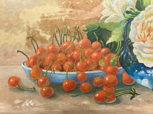 Roses and Cherries Still Life Painting, Antique Danish Oil Painting, Cottage Decor