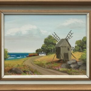 Vintage Folk Art Oil Painting, Swedish Windmill by Sea, 1970s Framed Art - Image 9