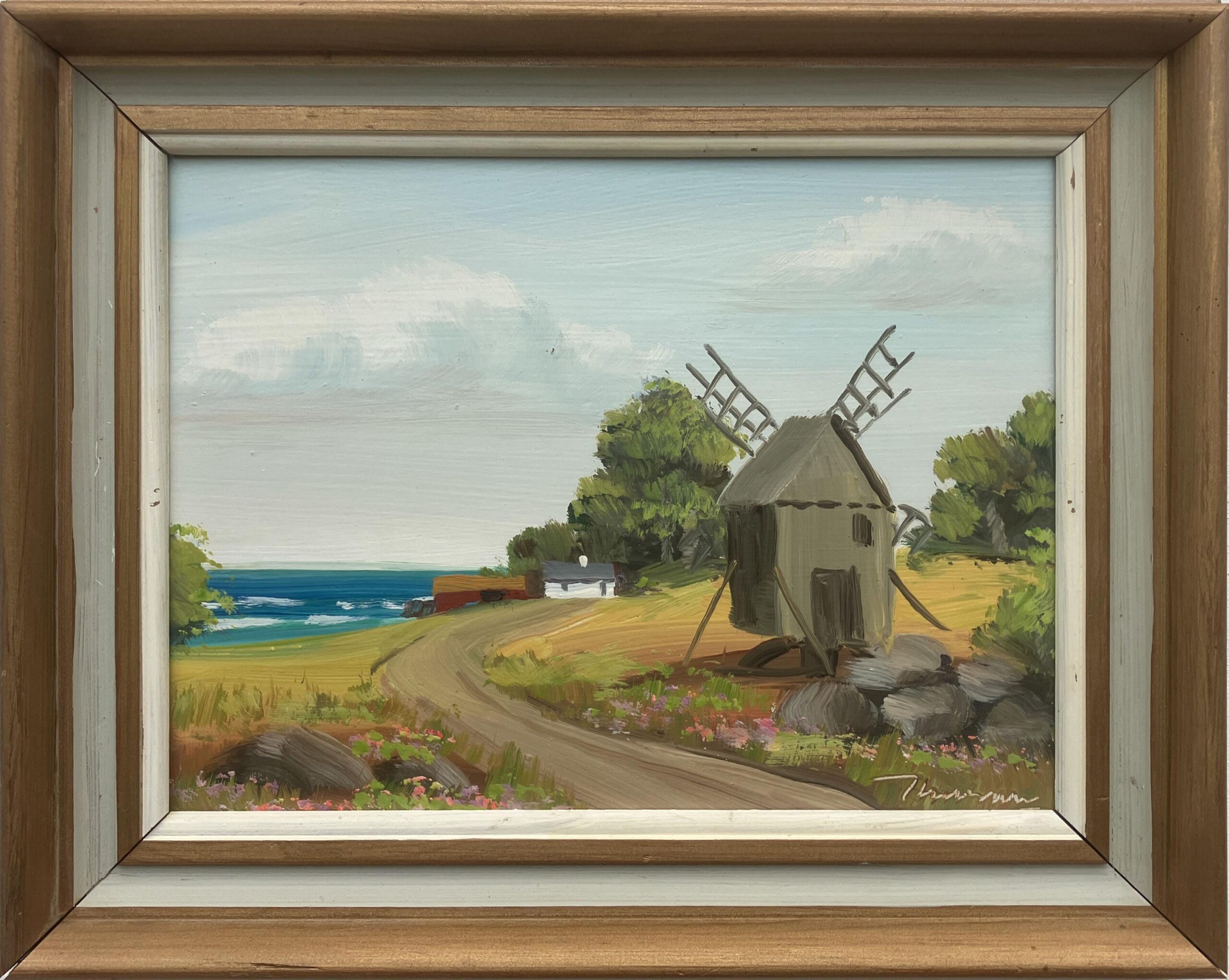 Vintage Folk Art Oil Painting, Swedish Windmill by Sea, 1970s Framed Art - Image 9