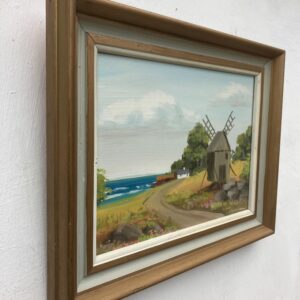 Vintage Folk Art Oil Painting, Swedish Windmill by Sea, 1970s Framed Art - Image 7