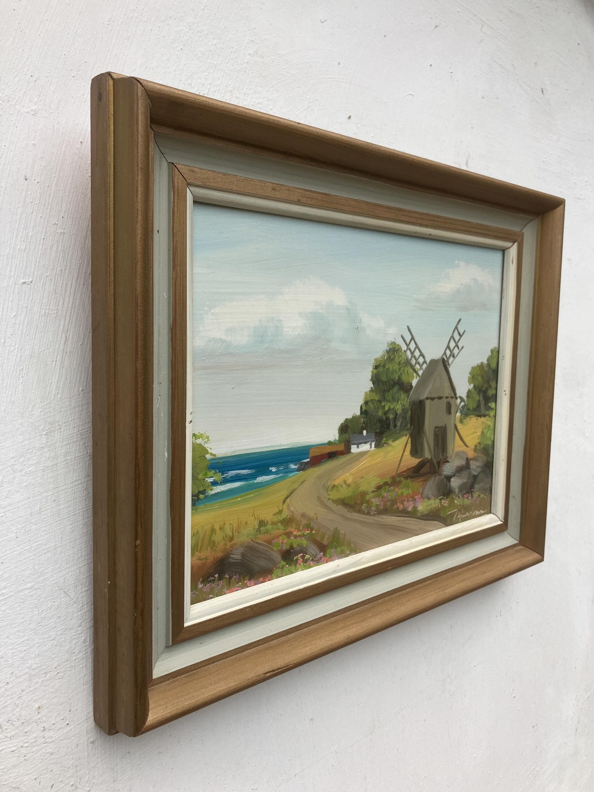 Vintage Folk Art Oil Painting, Swedish Windmill by Sea, 1970s Framed Art - Image 7