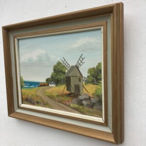 Vintage Folk Art Oil Painting, Swedish Windmill by Sea, 1970s Framed Art - Image 8