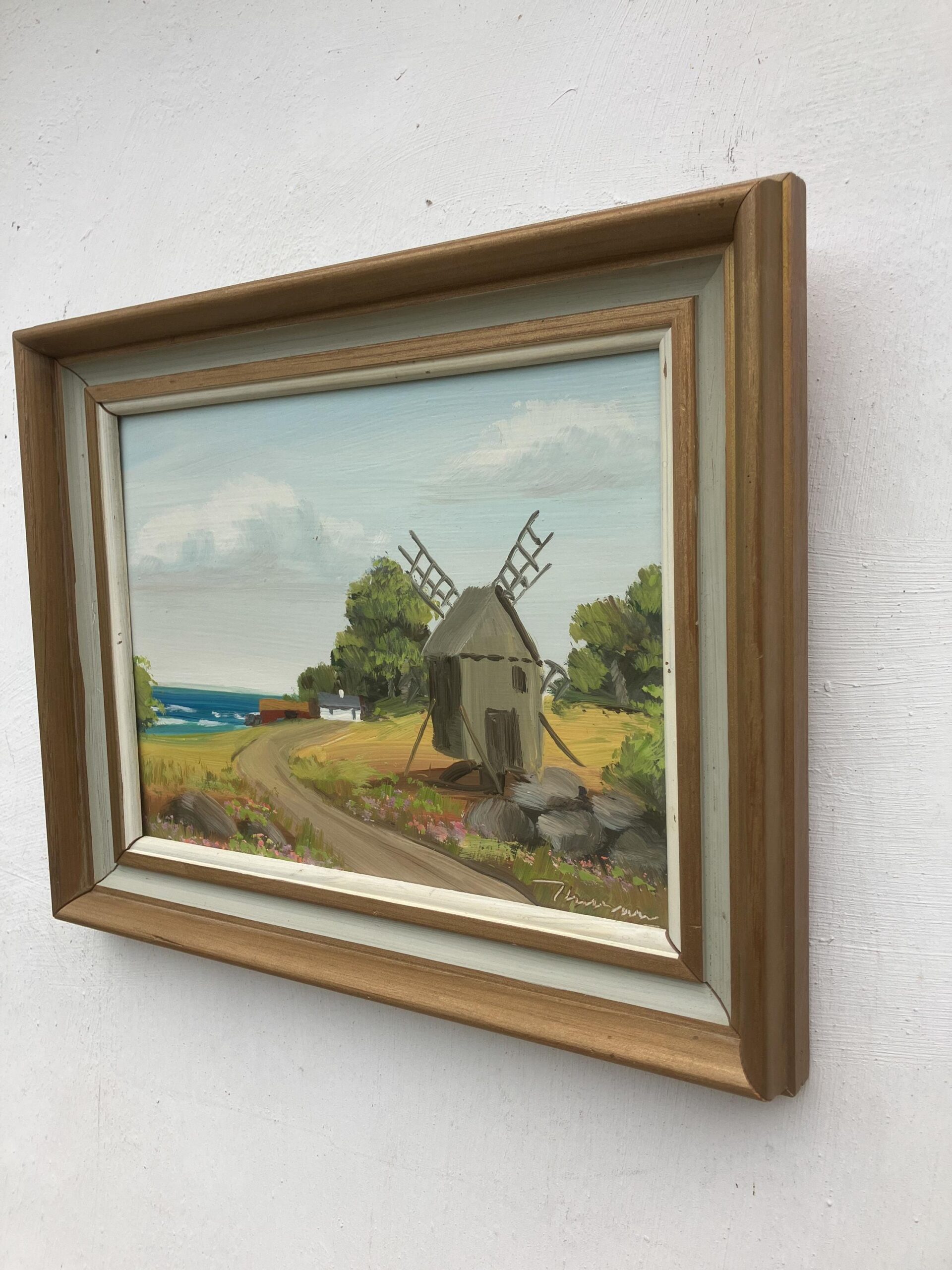 Vintage Folk Art Oil Painting, Swedish Windmill by Sea, 1970s Framed Art - Image 8