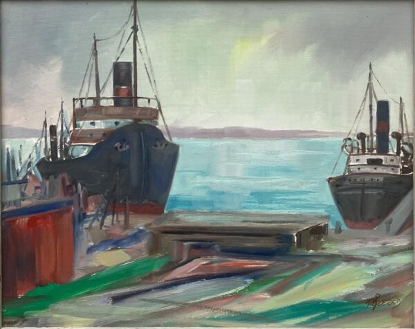 Vintage Swedish Oil Painting – Harbor Scenery with Boats, Framed Fine Art