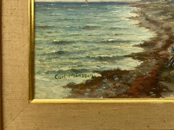 Vintage Swedish Oil Painting – Scandinavian Coastline, Framed Impressionist Art