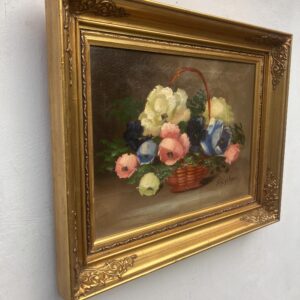 Vintage Danish Floral Oil Painting, Basket of Flowers, 1920s Still Life - Image 5