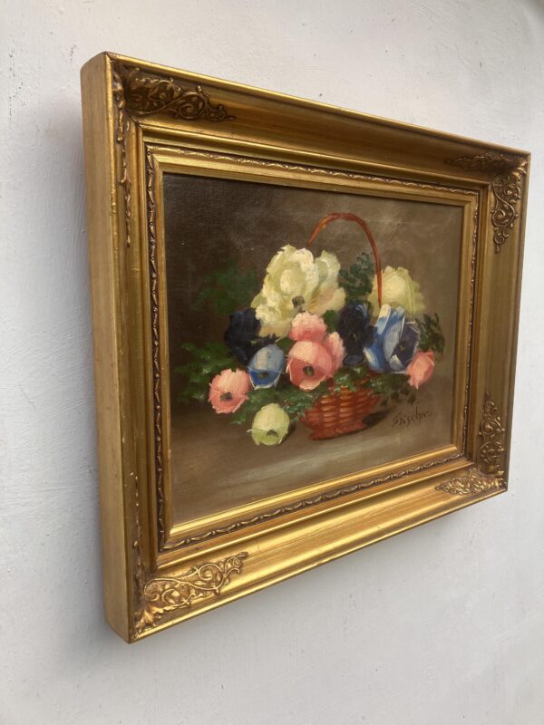 Vintage Danish Floral Oil Painting, Basket of Flowers, 1920s Still Life
