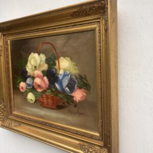 Vintage Danish Floral Oil Painting, Basket of Flowers, 1920s Still Life - Image 6