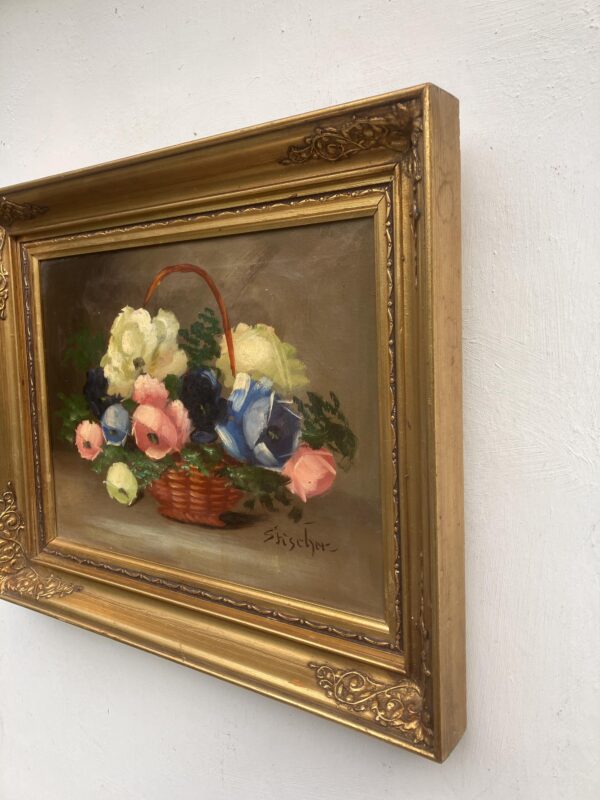 Vintage Danish Floral Oil Painting, Basket of Flowers, 1920s Still Life