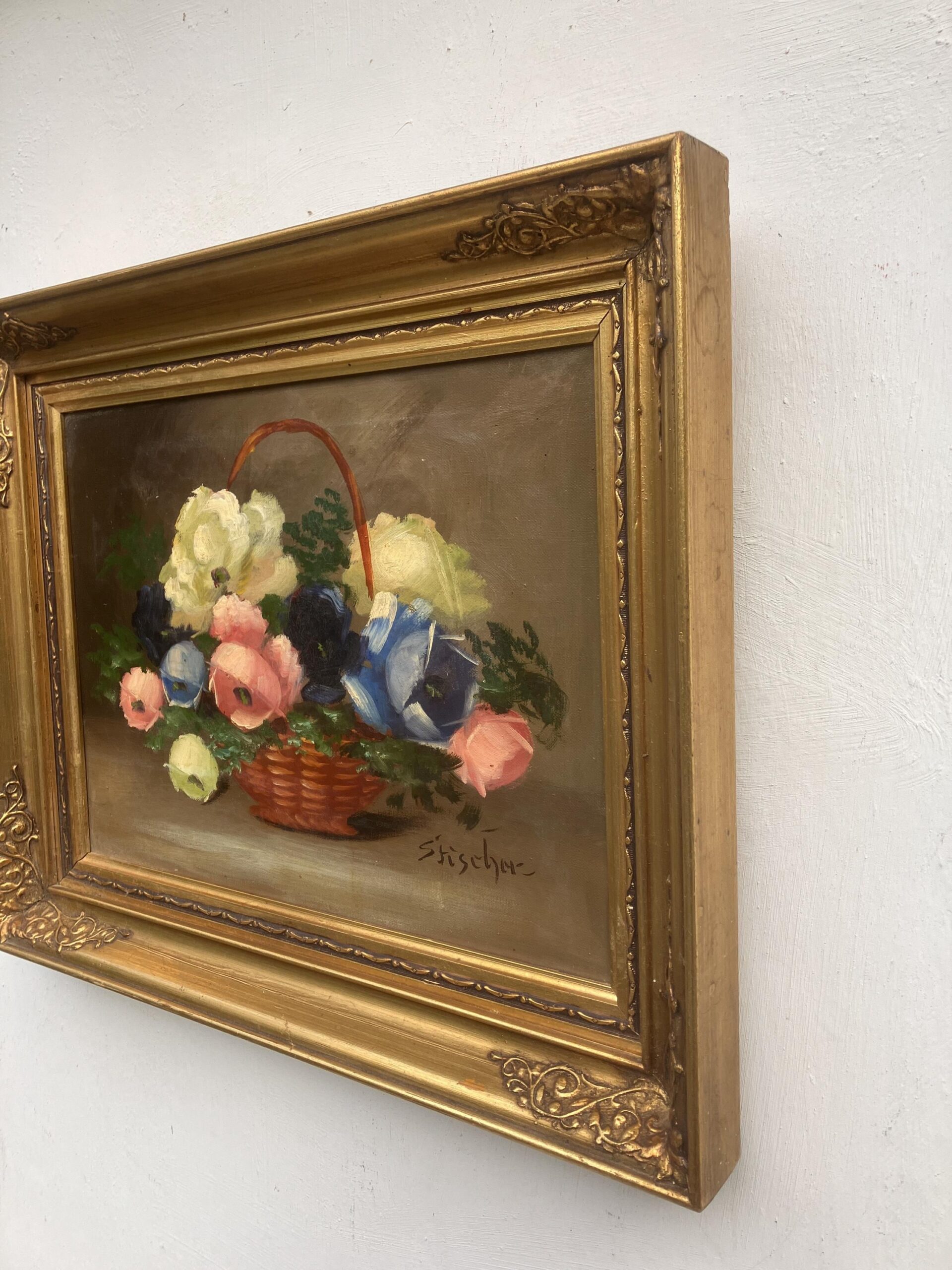 Vintage Danish Floral Oil Painting, Basket of Flowers, 1920s Still Life - Image 6