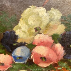 Vintage Danish Floral Oil Painting, Basket of Flowers, 1920s Still Life - Image 7