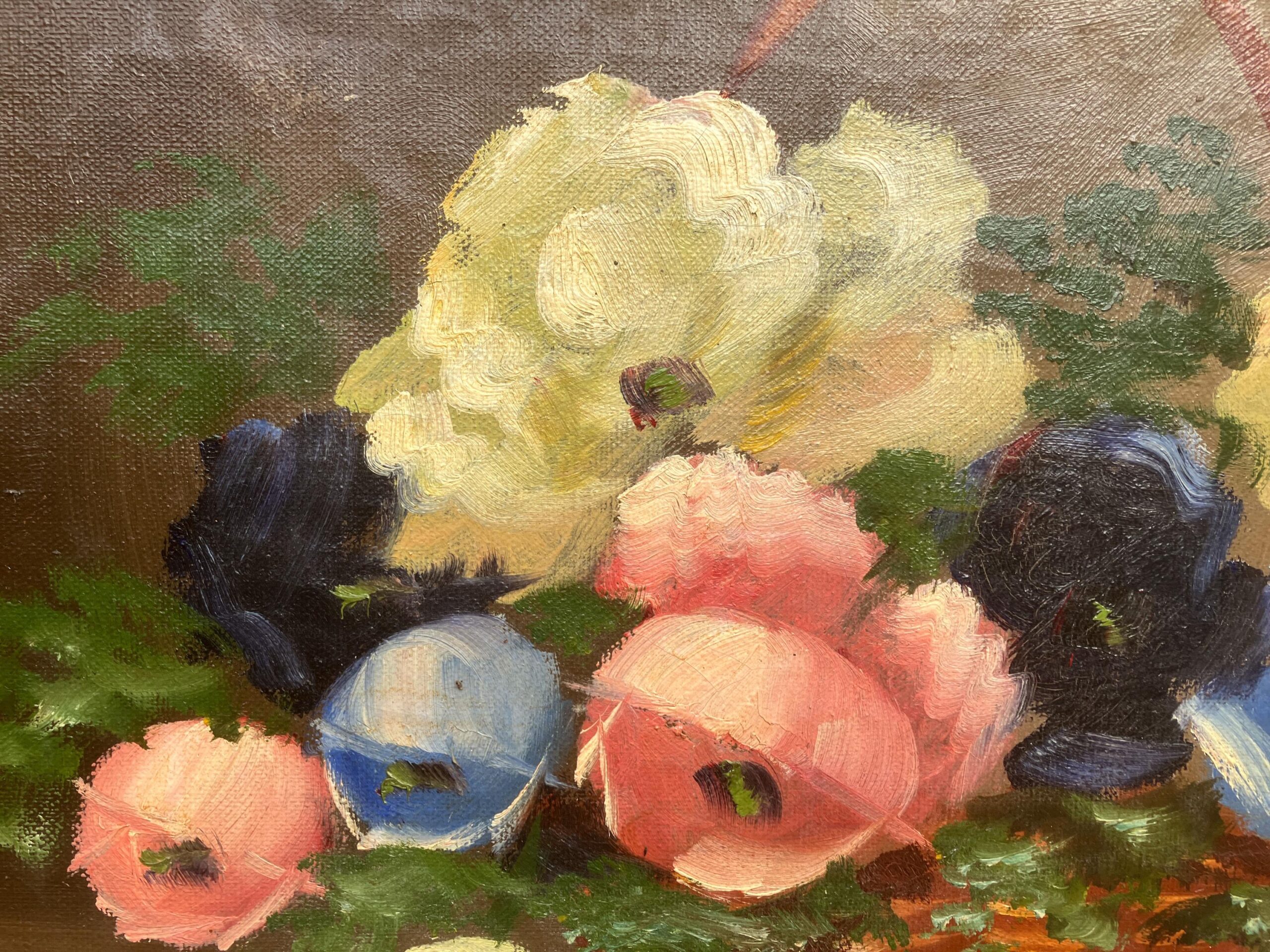 Vintage Danish Floral Oil Painting, Basket of Flowers, 1920s Still Life - Image 7