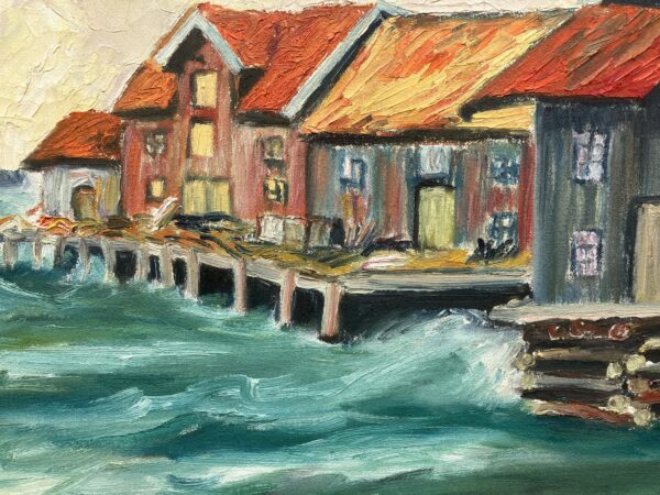 Original Oil Painting: Swedish West Coast Houses, Örust Island, 1940s Art
