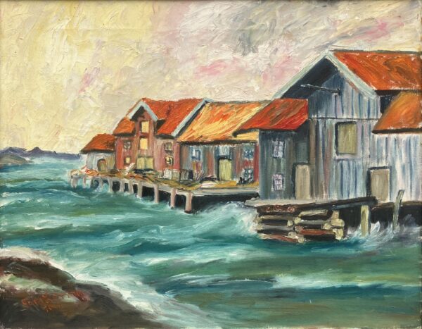 Original Oil Painting: Swedish West Coast Houses, Örust Island, 1940s Art