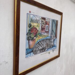 Signed Watercolor Print – Framed Swedish Art, Cat in Sunlit Window - Image 6