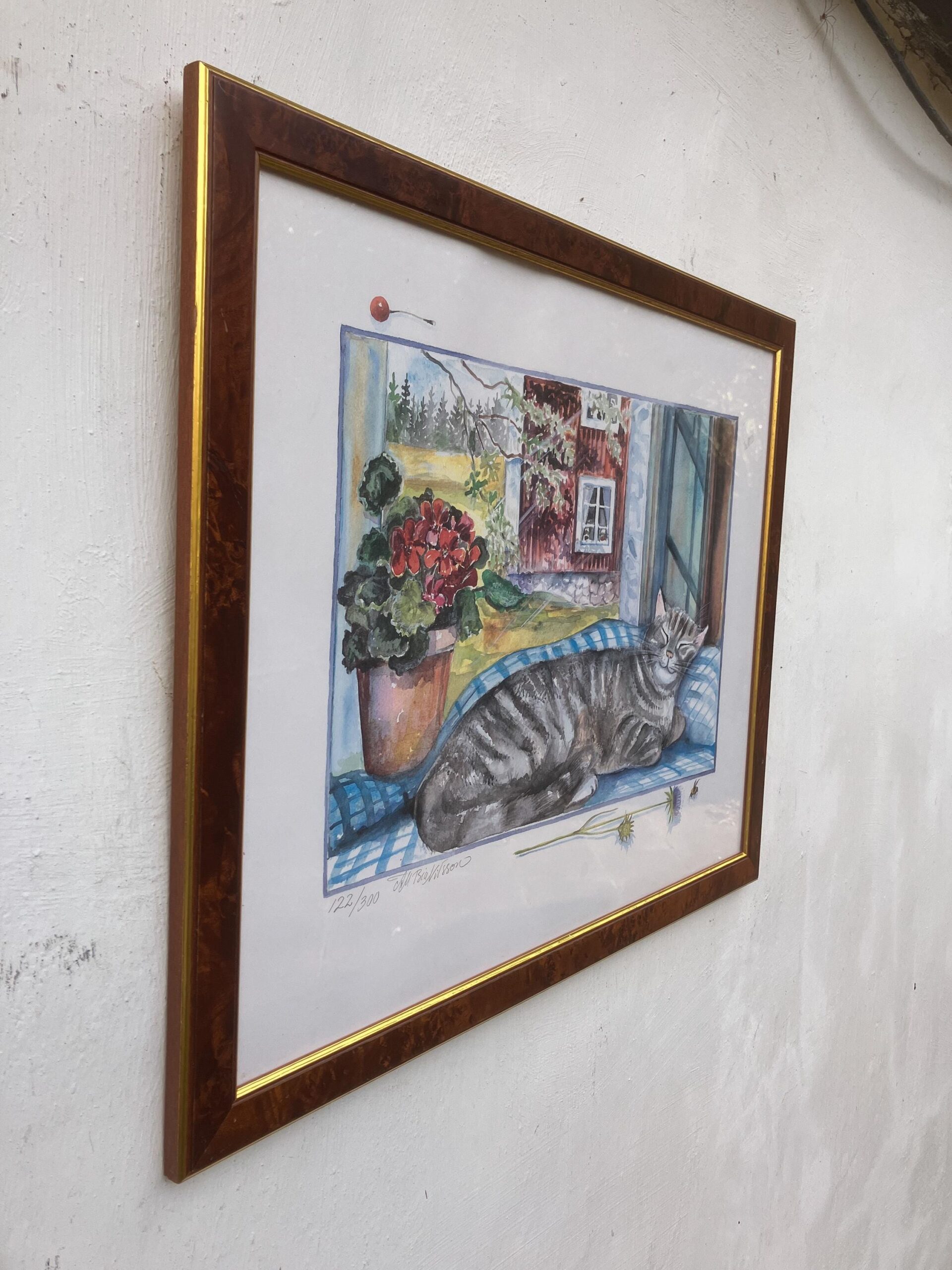 Signed Watercolor Print – Framed Swedish Art, Cat in Sunlit Window - Image 6